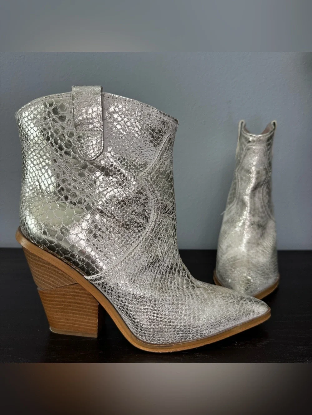 Cecelia New York Python Metallic Wedge Boots Vero Cuoio 9.5 Architectural Heel